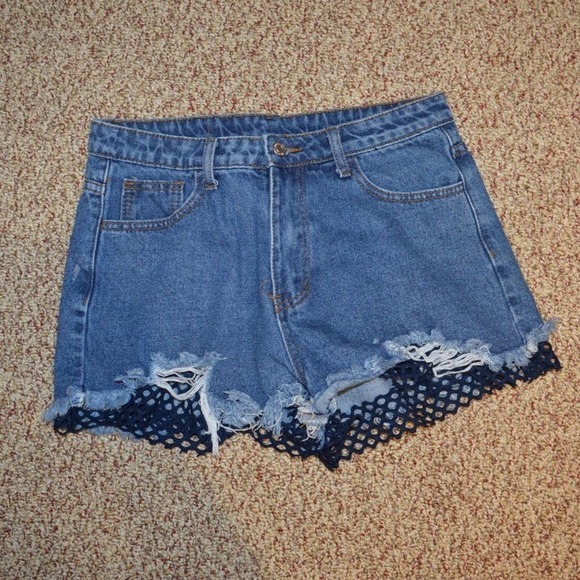 Blue Blush Denim Shorts with Netting Details - Picture 1 of 3